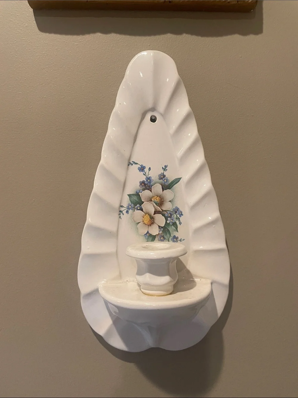 Ceramic vintage wall mount candle holder  off white floral